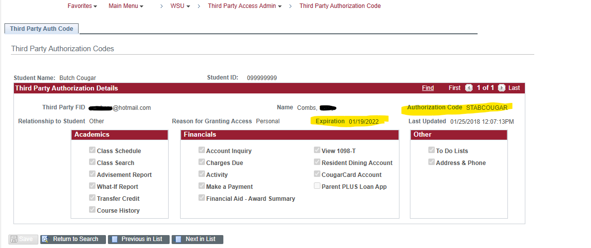 Third Party Auth Code component showing expiration date and authorization code